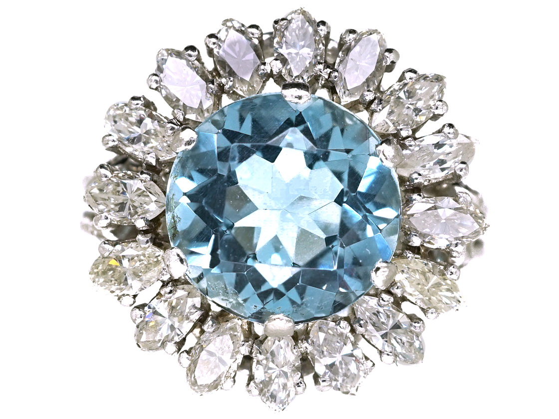 18ct White Gold Aquamarine & Diamond Cluster Ring (437K) | The Antique ...
