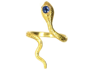 Edwardian 18ct Gold Snake Ring Set With a Sapphire & Diamond Eyes