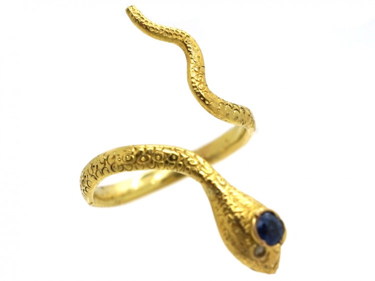 Edwardian 18ct Gold Snake Ring Set With a Sapphire & Diamond Eyes