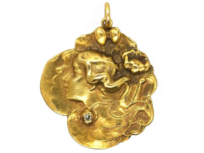 Art Nouveau 14ct Gold Pendant of a Lady in Water Lilies