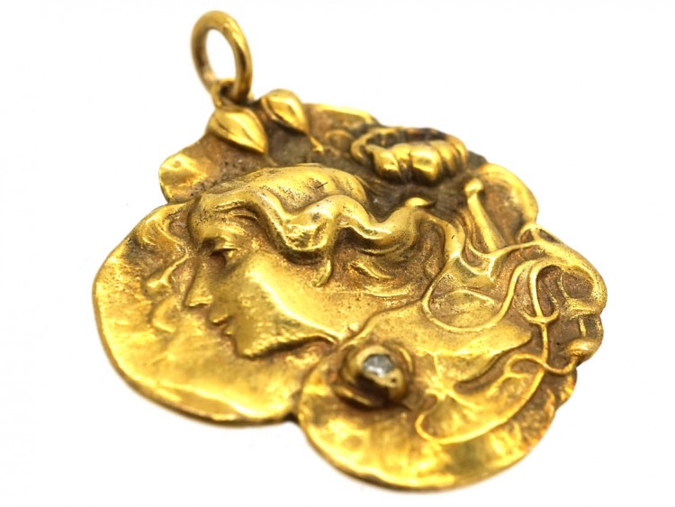 Art Nouveau 14ct Gold Pendant of a Lady in Water Lilies
