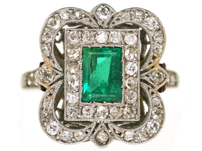 Art Deco Platinum, Emerald & Diamond Rectangular Ring