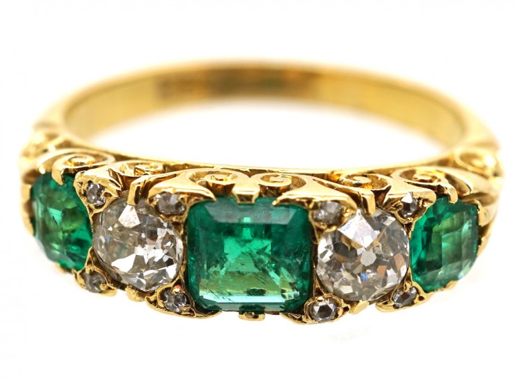 Victorian 18ct Gold, Emerald & Diamond Five Stone Carved Half Hoop Ring