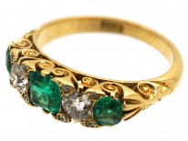Victorian 18ct Gold, Emerald & Diamond Five Stone Carved Half Hoop Ring