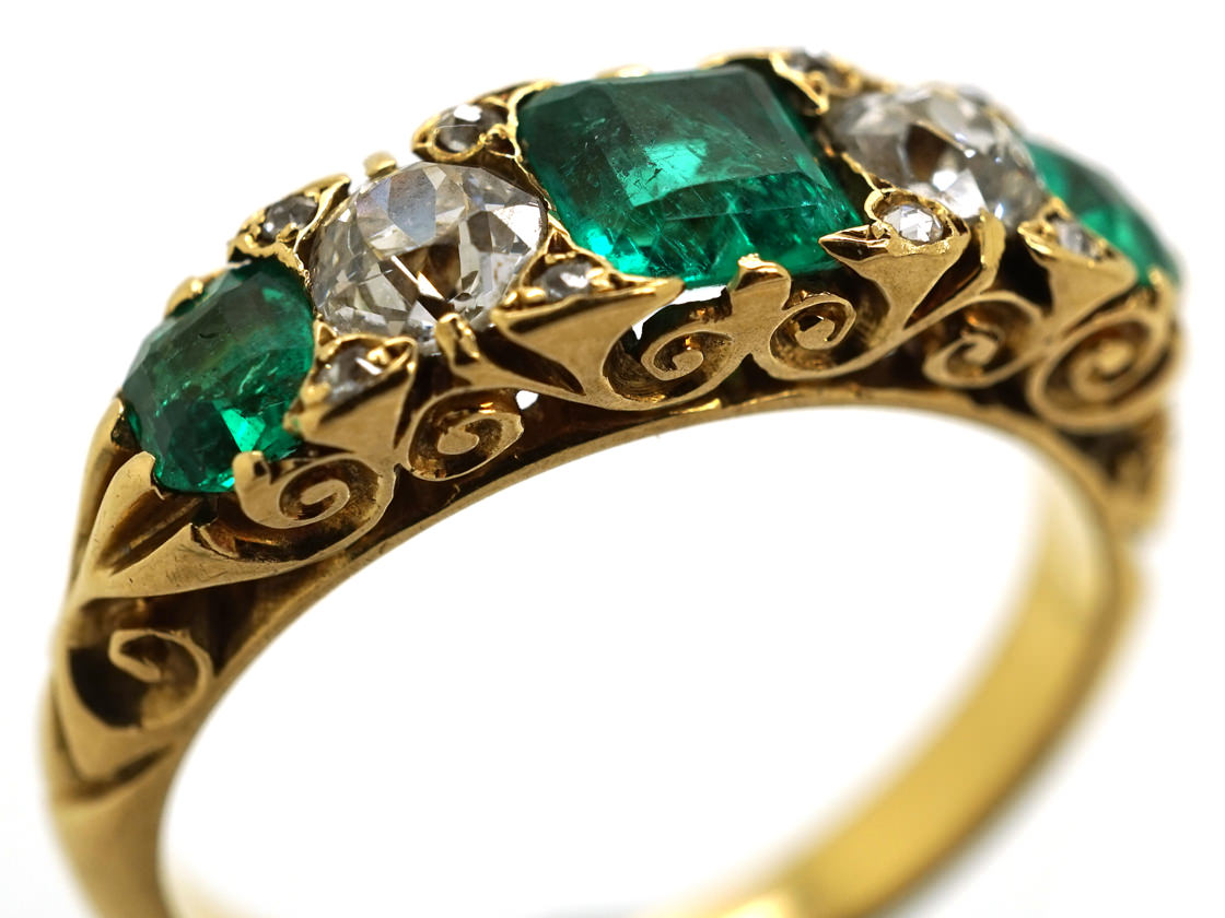 Victorian 18ct Gold Emerald And Diamond Five Stone Carved Half Hoop Ring