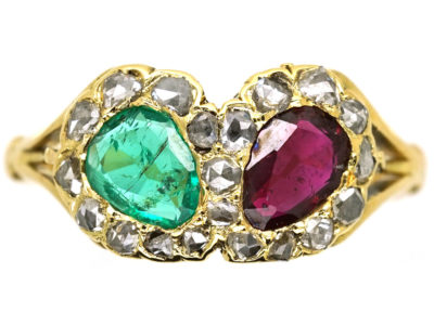 Victorian 18ct Gold Double Heart Ring Set With a Ruby & an Emerald