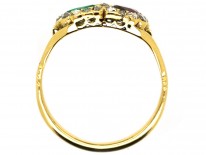 Victorian 18ct Gold Double Heart Ring Set With a Ruby & an Emerald