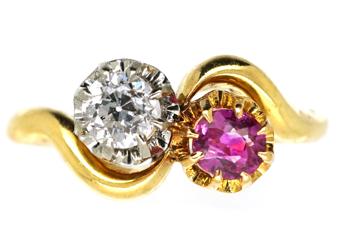 Edwardian 18ct Gold Ruby & Diamond Crossover Ring (500K) | The Antique