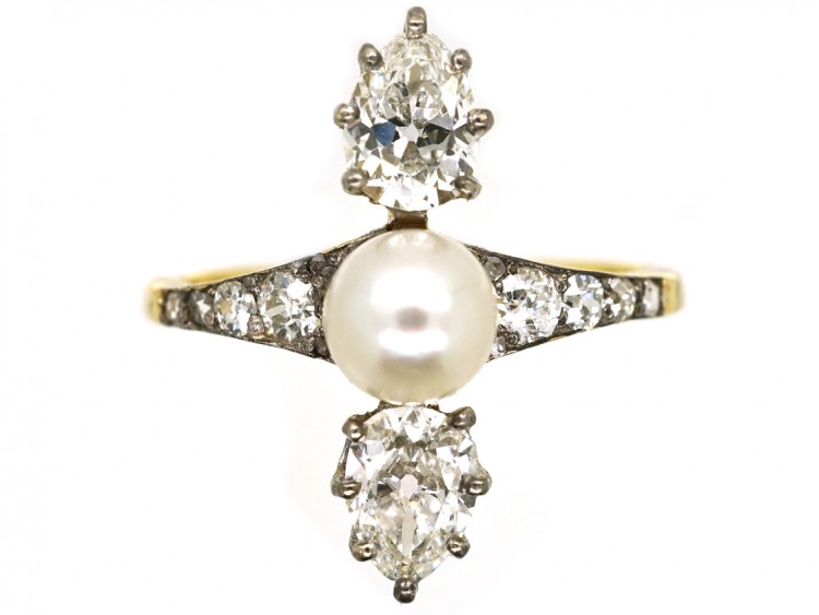 Edwardian 14ct Gold & Platinum, Diamond & Natural Pearl Ring
