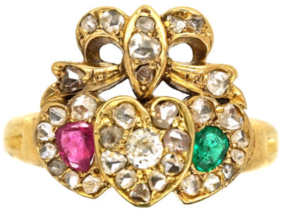 Edwardian 18ct Gold Triple Heart Diamond Ruby & Emerald Ring