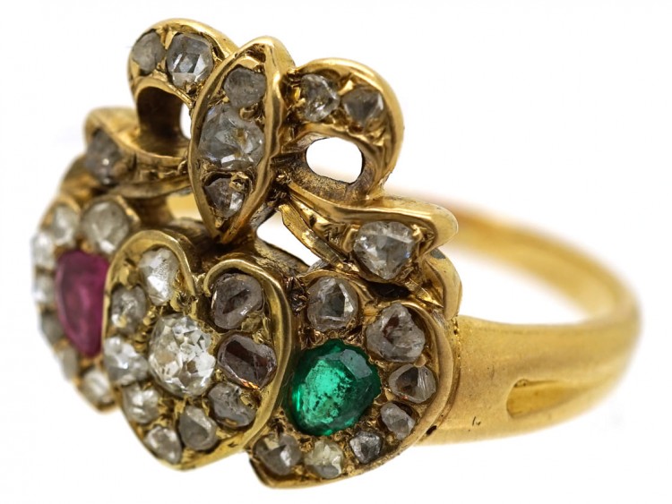 Edwardian 18ct Gold Triple Heart Diamond Ruby & Emerald Ring