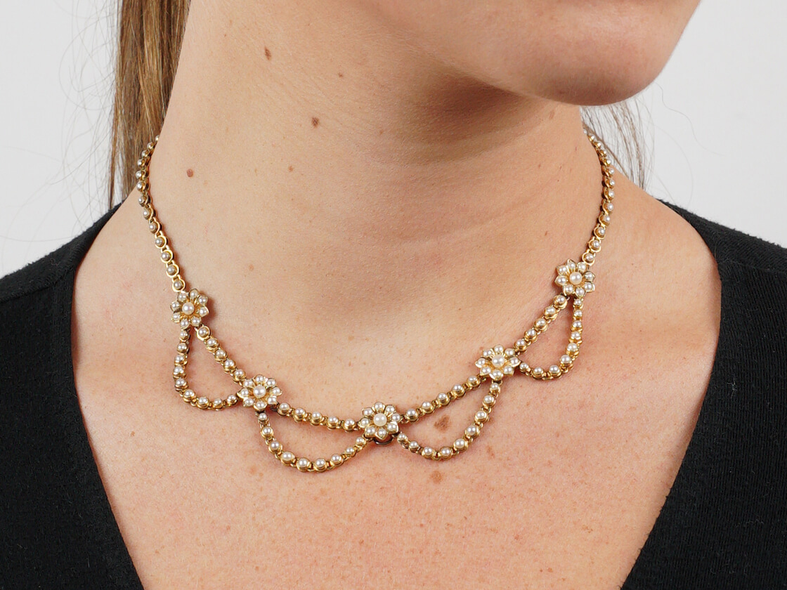 Victorian 18ct Gold & Natural Split Pearl Festoon Necklace (728K) The