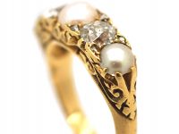 Victorian 18ct Gold Diamond & Natural Pearl Carved Half Hoop Ring