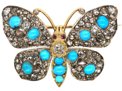 18ct Gold Diamond & Turquoise & Ruby Butterfly Brooch