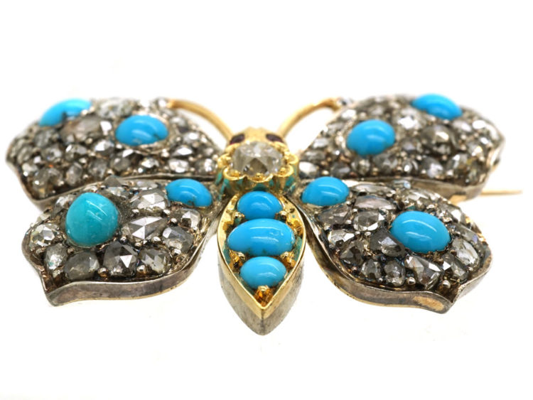18ct Gold Diamond & Turquoise & Ruby Butterfly Brooch