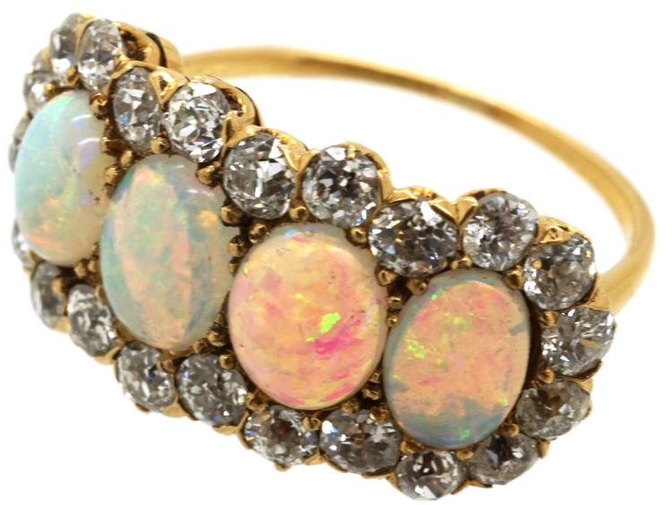 Edwardian 18ct Gold, Four Stone Opal & Diamond Ring