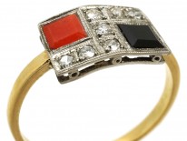 Art Deco 18ct Gold, Platinum, Coral, Onyx & Diamond Ring