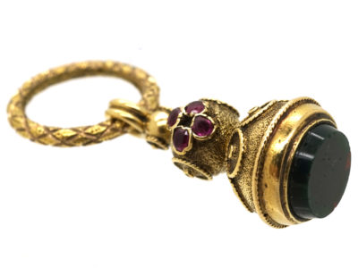 Georgian Gold Seal Set With Rose Diamonds & Rubies & a Bloodstone Base
