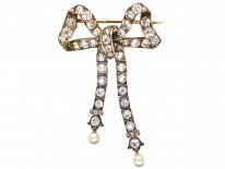 Edwardian Articulated Bow Brooch Set With Diamonds & Natural Pearls