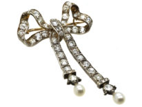 Edwardian Articulated Bow Brooch Set With Diamonds & Natural Pearls
