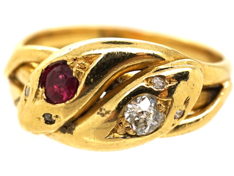 Victorian 18ct Gold Snake Ring Set With a Ruby & a Diamond