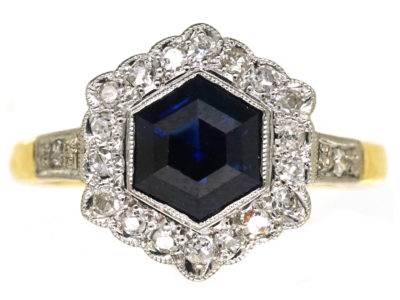 Art Deco 18ct Gold, Platinum Sapphire & Diamond Hexagonal Ring