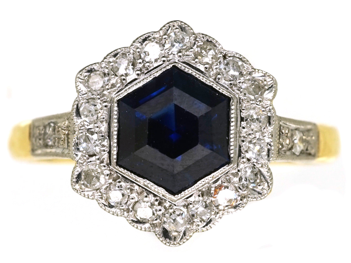 Art Deco 18ct Gold, Platinum Sapphire & Diamond Hexagonal Ring (608K