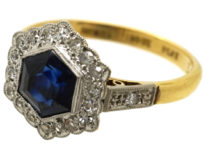 Art Deco 18ct Gold, Platinum Sapphire & Diamond Hexagonal Ring
