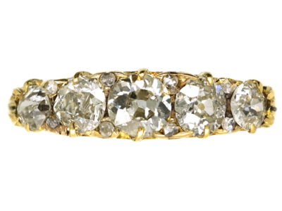 Victorian 18ct Gold, Five Stone Diamond Carved Half Hoop Ring