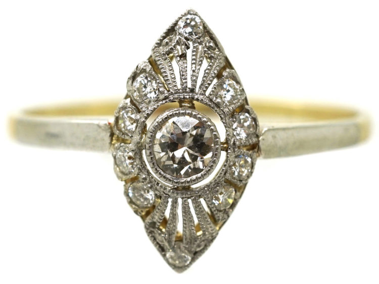 Edwardian 14ct Gold & Platinum, Diamond Set Marquise Ring