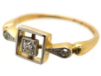 Art Deco 18ct Gold, Platinum & Diamond Square Ring