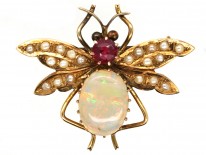Edwardian 15ct Gold, Opal Garnet & Natural Split Pearl Bee Brooch