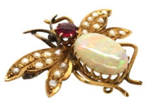 Edwardian 15ct Gold, Opal Garnet & Natural Split Pearl Bee Brooch