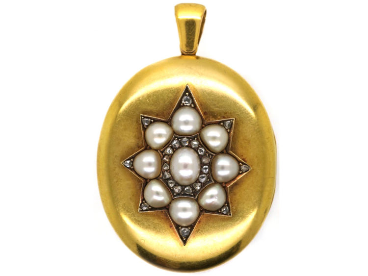 Victorian 18ct Gold Locket With Natural Split Pearl & Rose Diamond Star Motif