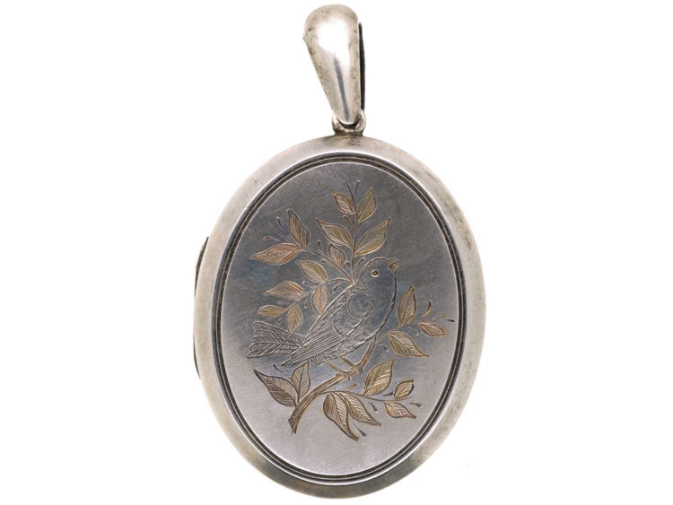 Victorian Silver Oval Shaped Locket With Bird in Bough Motif