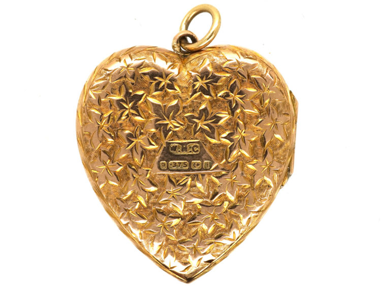 Edwardian 9ct Gold Engraved Heart Shaped Locket
