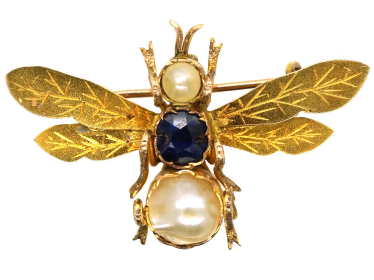 Edwardian 18ct Gold Bee Brooch Set With a Sapphire & Two Natural Pearls