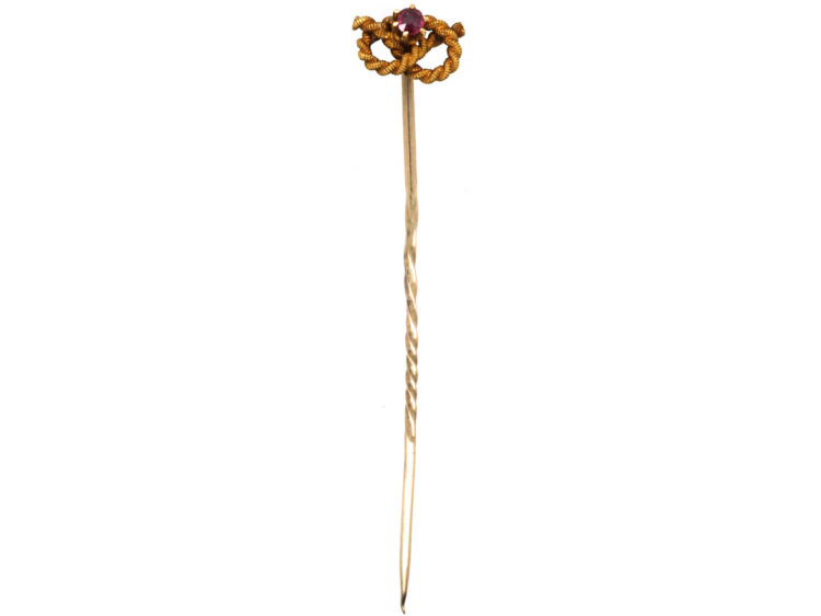 Edwardian 15ct Gold Lover's Knot Tie Pin Set With a Ruby