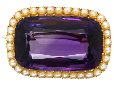 Edwardian 15ct Amethyst & Natural Split Pearl Brooch in Original Case
