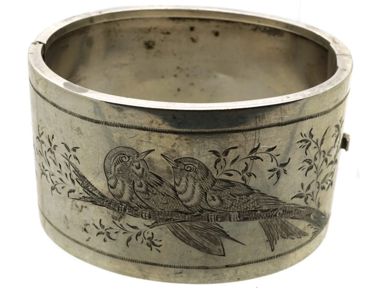 Victorian Wide Silver Bangle With Engraved Song Birds
