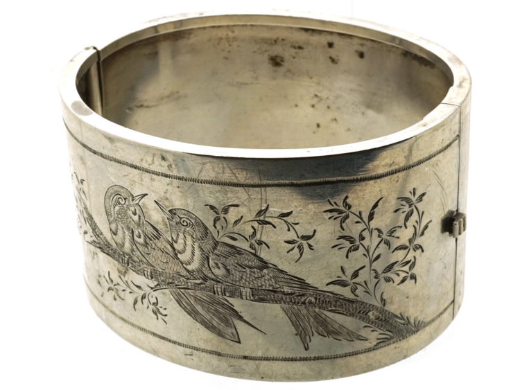 Victorian Wide Silver Bangle With Engraved Song Birds