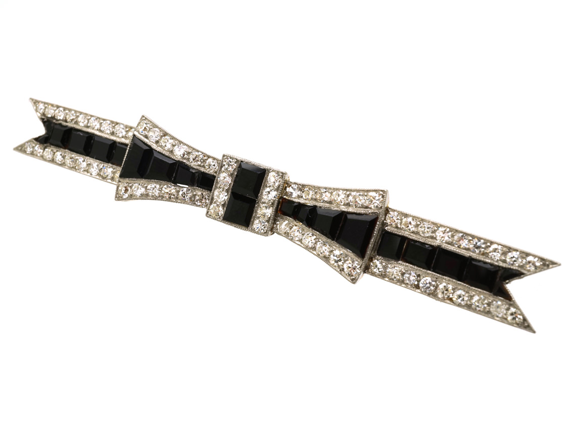 Art Deco Diamond & Onyx Bow Brooch (635K) | The Antique Jewellery Company