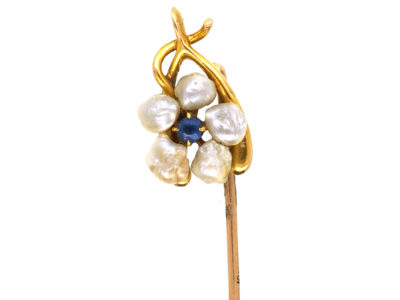 Edwardian 15ct Gold Wishbone & Flower Tie Pin Set With a Sapphire & Natural Pearls