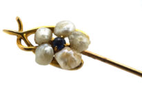 Edwardian 15ct Gold Wishbone & Flower Tie Pin Set With a Sapphire & Natural Pearls