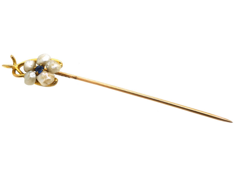 Edwardian 15ct Gold Wishbone & Flower Tie Pin Set With a Sapphire & Natural Pearls