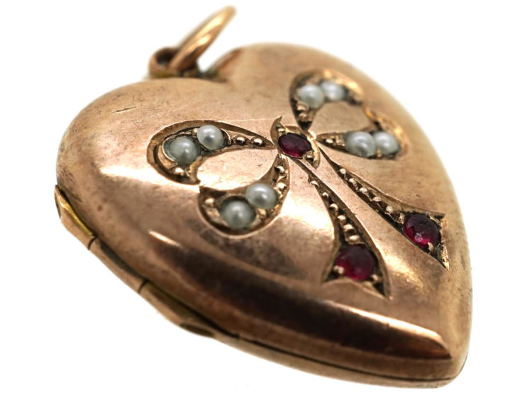 Edwardian 9ct Back & Front Locket With A Bow Motif Set With Garnets & Pearls