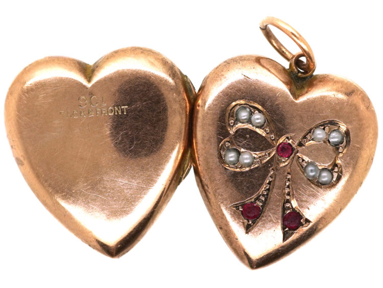 Edwardian 9ct Back & Front Locket With A Bow Motif Set With Garnets & Pearls