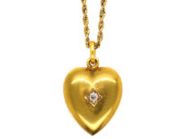 Edwardian 15ct Gold Heart Pendant Set With a Diamond on a 15ct Gold Chain