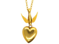 Edwardian 15ct Gold Swallow & Heart Pendant on 9ct Gold Chain