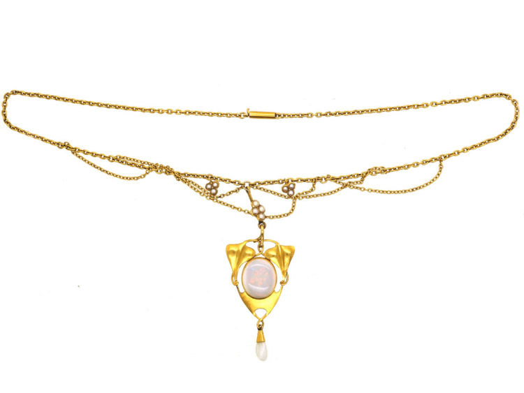 Art Nouveau 15ct Gold, Opal & Natural Split Pearl Necklace